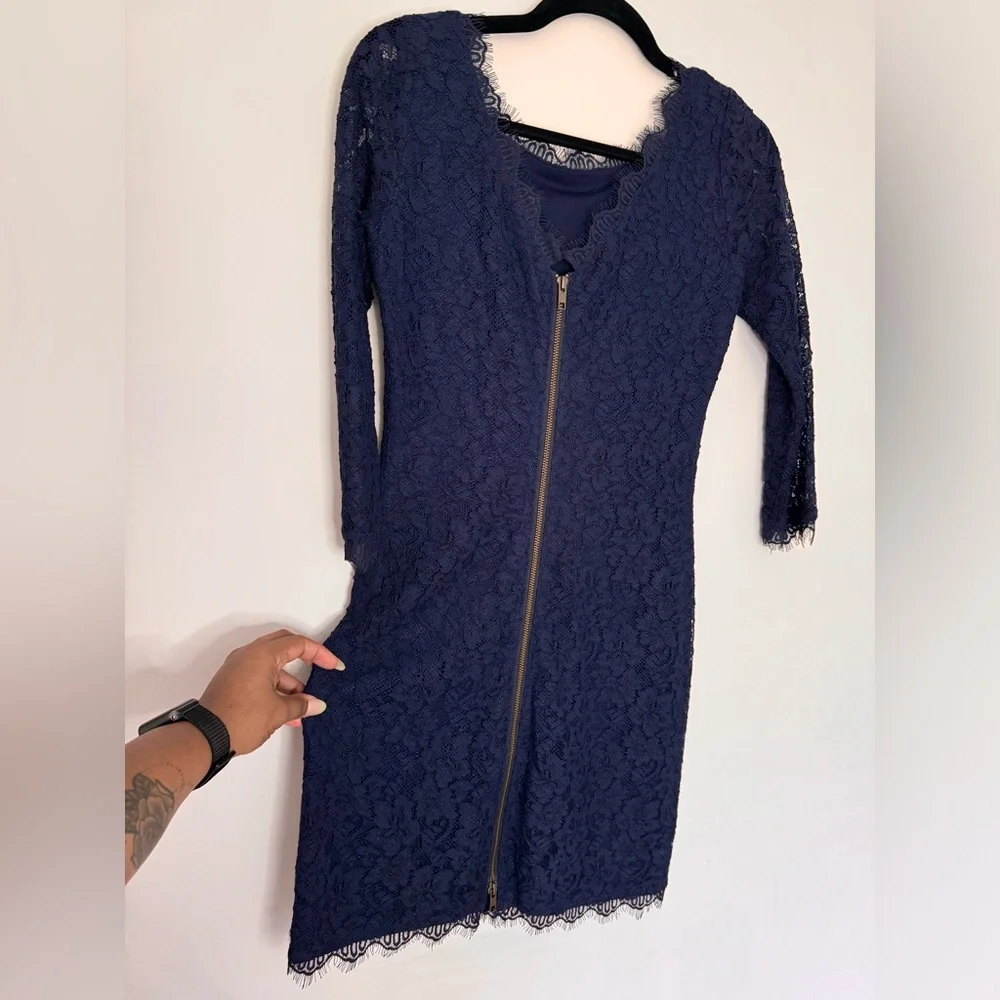 Diane Von Furstenberg Dress Blue Lace Narita Quarter Sleeve Back Zip Silk Midi - Picture 5 of 6